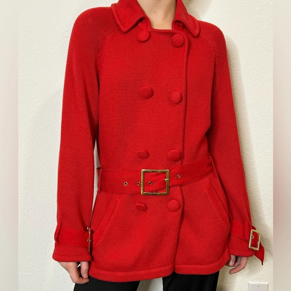 Etcetera Red Knit Button Down Sweater with Belt Buckle Size L